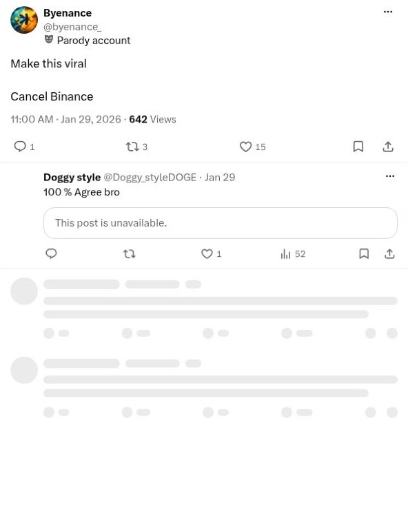 Screenshot of @byenance_'s post: Cancel Binance